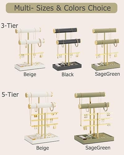 Lolalet 5 Tier Jewelry Stand Holder, Bracelet Necklace Display -Beige | PU Leather Hanging Jewelry Rack with Storage Tray, Ring Watch Bangle Earring Organizer, Gifts Dorm Room Decor for Women Girls thumbnail 4