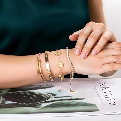 18K Gold Plated Womens Stackable Floral Gold Clover Bracelets Set Love Bangle Bracelets Non Tarnish, Nail Bracelet Set Trendy Jewelry,Gifts for Women's Day and Mother's Day thumbnail 4