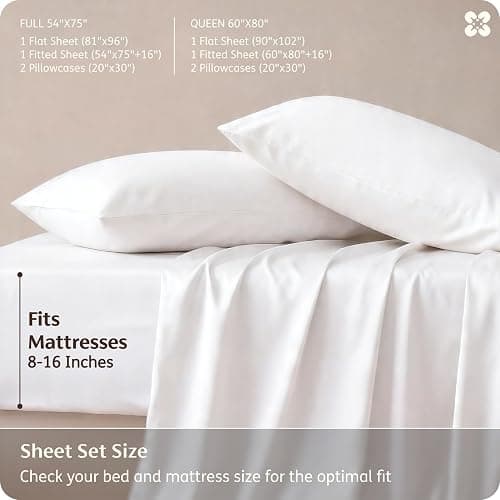 Bedsure PureWoven 100% Rayon Derived from Bamboo, Full Size Sheets, 4 PCS | Cooling Sheets for Hot Sleepers, Breathable & Silky Soft, 16" Deep Pocket, Hotel Luxury Bedding, White thumbnail 7