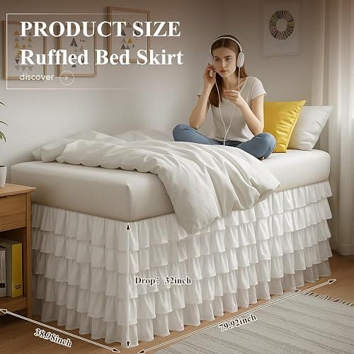 Mindsoft Multi Ruffled Bed Skirt Twin XL 32 Inch Drop Dorm Room Bed Skirt White Microfiber Easy Fit Dust Ruffle for College Dorm(White,Twin XL, 32 Inch Drop) thumbnail 2