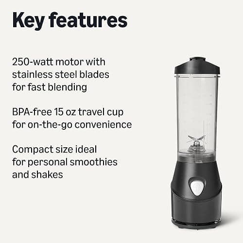 Amazon Basics Portable Blender for Smoothies and Shakes with 250W Power,15 Oz BPA Free Travel Cup and Lid, Black thumbnail 3