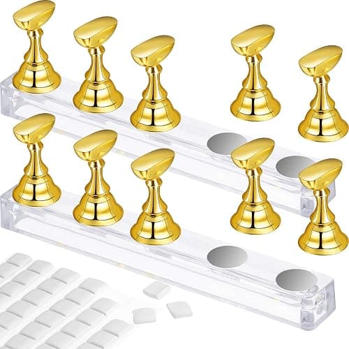2 Set Acrylic Nail Art Practice Stands - Magnetic Nail Tip Holders & Display Stands (Gold) with 96 Pieces White Reusable Adhesive Putty - Image 1
