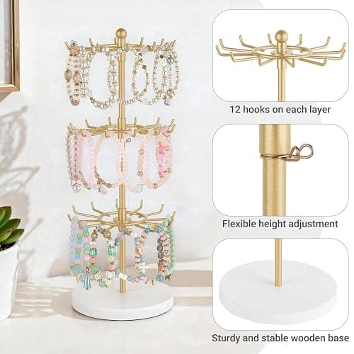 Mkono Bracelet Holder Gold Metal Rotating Bracelet Display Stand 3 Tier Jewelry Tower rack with 36 Hooks and Wood Base Modern Adjustable Storage Organizer Tree for Selling Bangle Accessories thumbnail 6