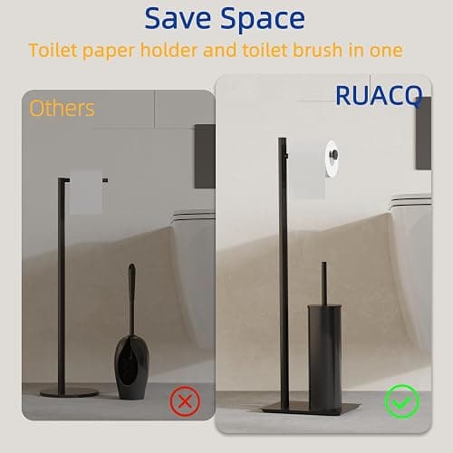 RUACQ Toilet Paper Holder Stand with Toilet Brush and Holder Set, 304 Stainless Steel Bathroom Toilet Tissue Paper Roll Holder Free Standing, Weighted Base, Heavy Duty (Matte Black) thumbnail 4