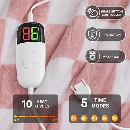 Light Pink Heated Blanket Electric Throw, 50X60 Heating Blanket with 10 Heat Levels & 8 Hours Auto Off for Lap, Checkered Plaid Soft Sherpa Blankets Warmer Gifts for Couch Grandma Women Adults thumbnail 4