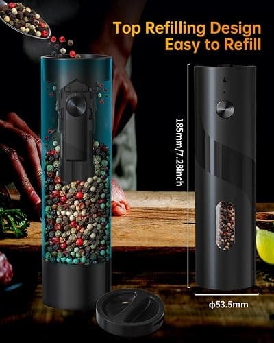 CIRCLE JOY Electric Rechargeable Salt and Pepper Grinder Set Top-Refill Automatic Pepper Mill Grinder with Charging Base, Adjustable Coarseness, Easy Filling Larger Capacity with Led for Home Kitchen thumbnail 2