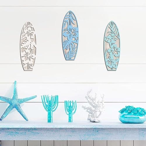 VGICH Hibiscus Surfboard Wall Decor - 3 Piece Wooden Beach Wall Art for Bedroom, Tropical Decor for Living Room(Blue) thumbnail 5