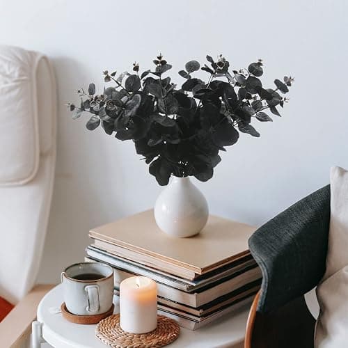 Hananona 6 Pcs Artificial Black Eucalyptus Stems, 14" Eucalyptus Leaves Branches Bouquet for Flower Arrangement DIY, Black Silk Flowers for Home Halloween Farmhouse Decor (Black, 6) thumbnail 6