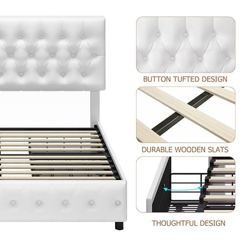 Full Size Bed Frame with 4 Storage Drawers and Adjustable Headboard, Upholstered Faux Leather Platform Bed with Button Tufted Design, Strong Wooden Slats Support, No Box Spring Needed, White thumbnail 7
