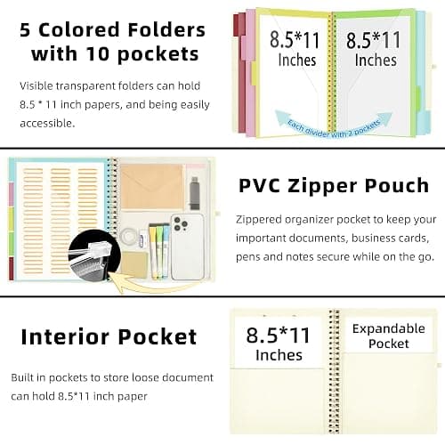Ospelelf Foldable Spiral Clipboard Folio with Storage Zipper Pouch, 5 Plastic Folders with 10 Pockets, Refillable Lined Notepad (11" x 8.5"), Linen Hardcover Project Organizer (Beige) thumbnail 3