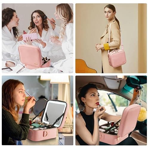 Mocado Travel Makeup Bag with LED Lighted Mirror,Travel Makeup Organizer,Makeup Case with 8 Makeup Brushes and 10x Magnifying Mirror,3 Colors Lighting, Adjustable Dividers Makeup Box(Pink) thumbnail 8