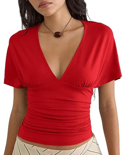 FOXDATE Women's Deep V-Neck Top Ruched Waist Slim Fit T-Shirt Elegant Casual Going Out Crop Tops thumbnail 2