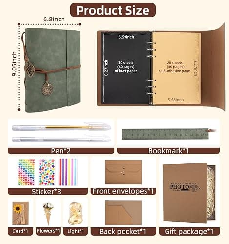 ALKALO Scrapbook Photo Album 100 Pages, 60 Pages Self Adhesive+40 Pages Kraft Paper DIY Photo Book for 2x3 3x5 4x6 5x7 Pictures, Leather Memory Book for Wedding Baby Family Travel Birthday Christmas thumbnail 3
