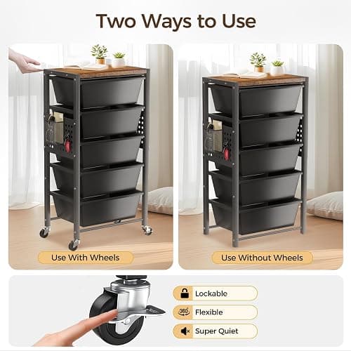 Rolling Cart with 5 Drawers, Plastic Drawer Storage Carts with Wheels & Wooden Tabletop, Metal Utility Cart with Pegboards, Office Living Room Classroom Craft Organization and Storage, Dark Black thumbnail 7