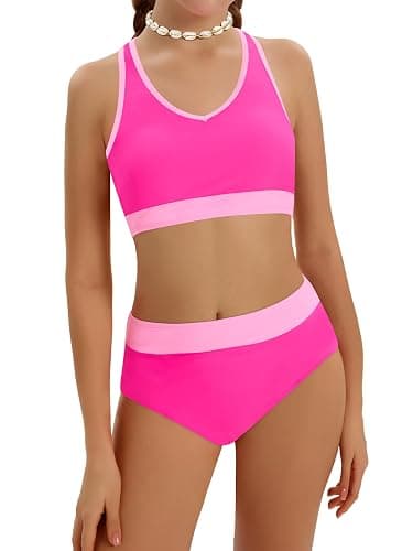 Girls Swimsuit Color-Block High Waist Sporty Sets Girls Two Piece Bathing Suit with Chest Pad Swimwear 7-16T thumbnail 8