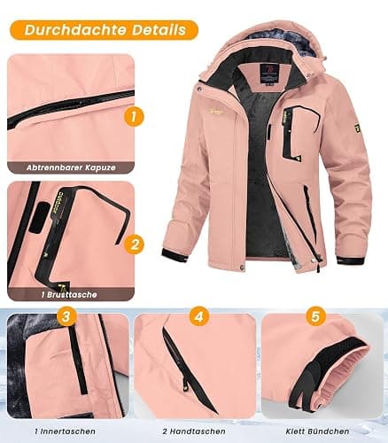 Rdruko Skijacke Damen Warme Winterjacke Gefüttert Verdickt Softshelljacke Wasserdicht Snowboardjacke Atmungsaktiv mit Abtrennbarer Kapuze thumbnail 6