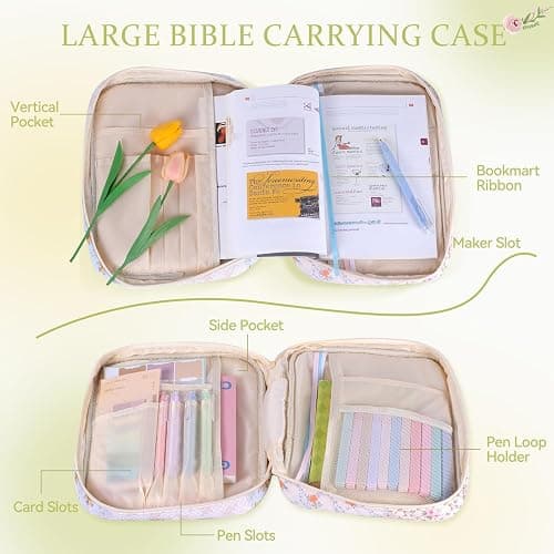 KOUDGY Bible Cover Case for Women Large Quilted Bible Carrying Bag with Handles Bible Study Supplies & Accessories Christian Gifts for Women(Spliced Flower, M) thumbnail 4