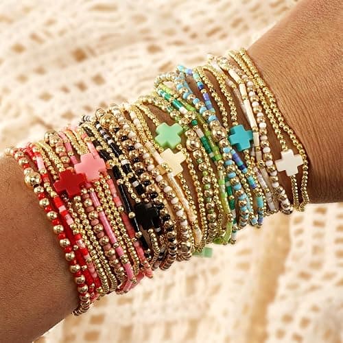 Bohxantium Gold Beaded Bracelets Stack for Women Christmas Stocking Stuffers Stackable 14K Gold Plated Beads Ball Cross Bracelet Boho Christian Jewelry Friendship Birthday Christmas Gifts for Women thumbnail 2
