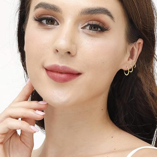 14K Gold Plated Hoop Earrings for Women, 4 Pairs Sterling Silver Post Small Hoops, Gold Huggie Earrings Set for Women Men (13mm 15mm 20mm 25mm) thumbnail 2