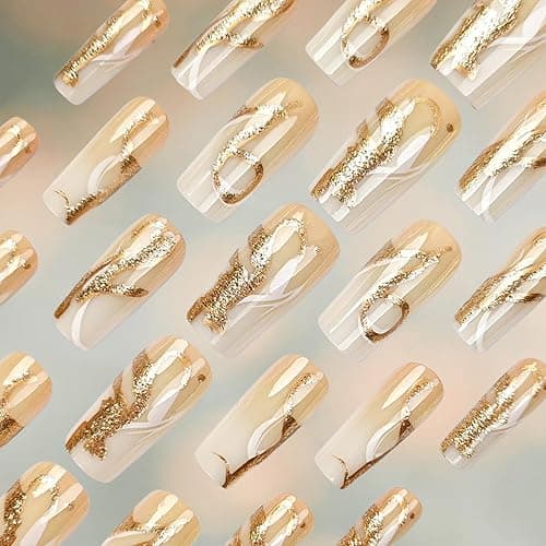 24Pcs White Curve Line Press on Nails Yellow Gradient Medium Square Fake Nails Glossy Gold Glitter Stick on Nail Acrylic Full Cover False Nail Ombre Gel Glue on Fingernails for Holiday Manicure Art thumbnail 3