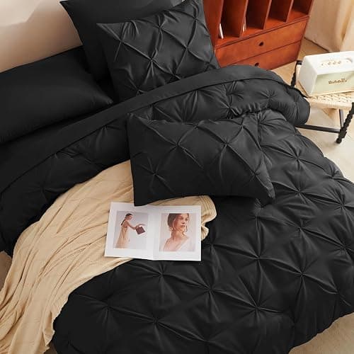 CozyLux Twin Comforter Set with Sheets Black, 5 Pieces Pintuck Bed in A Bag, Twin Bed Set Gift for Family, Pinch Pleat Bedding Set with Comforter, Sheets, Pillowcase & Sham thumbnail 4