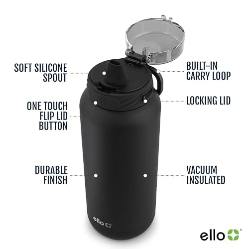 Ello Cooper 32oz Stainless Steel Water Bottle with Straw and Carry Handle, Double Walled and Vacuum Insulated Metal, Leak Proof Locking Lid with Soft Silicone Spout, Reusable, BPA Free, Black thumbnail 4