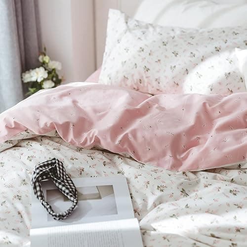 HighBuy Girl Floral Duvet Cover Queen Cotton Pink Flower Coquette Bedding Comforter Covers Queen Bedding Set Pink White Lightweight Soft for Girls Garden Style Duvet Cover for Children thumbnail 4