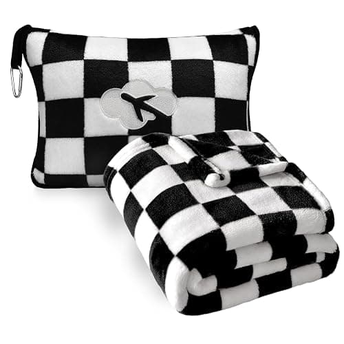 Travel Blanket and Pillow Compact, Premium Soft 2 in 1 Airplane Blanket with Soft Bag Pillowcase，Hand Luggage Sleeve and Backpack Clip (Checkered Black) - Image 1