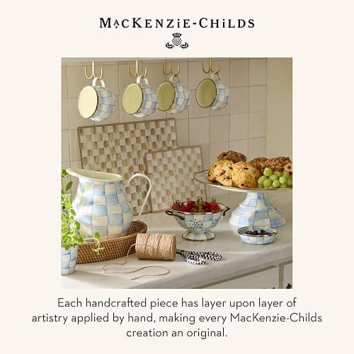 MACKENZIE-CHILDS Enamel Pedestal Platter, Round Cake Stand, Small, 12 Inches, Light-Blue-and-White Sky Check thumbnail 6