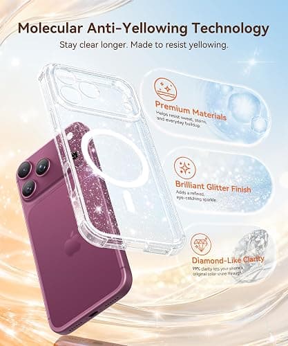 BERFY for iPhone 18 Pro Case/iPhone 17 Pro Case for Women 6.3" | Compatible with MagSafe, Shockproof Cute Glitter Clear Phone Case with Screen Protector, Anti-Yellowing,Sparkle Clear thumbnail 3