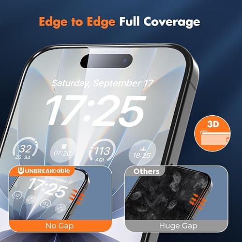 UNBREAKcable for iPhone 17 Screen Protector, 3-Pack Full Coverage Tempered Glass Screen [Military Grade Shatterproof] [9H Hardness] [Bubble Free] [Easy Installation] [99.99% HD Clear] for iPhone 17 thumbnail 3