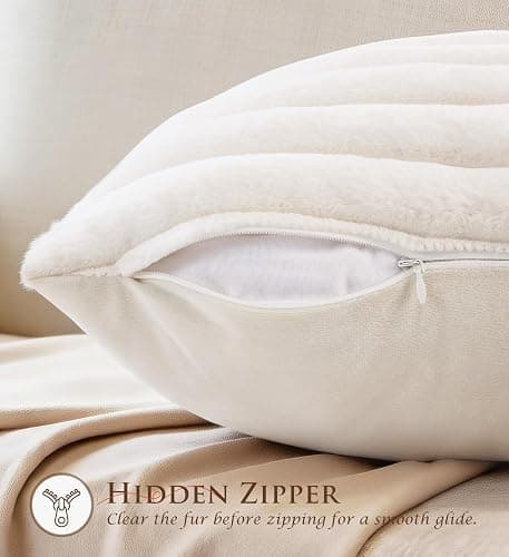 MEGAYES Pack of 2 Throw Pillow Covers 18x18 Decorative Solid Plush Faux Fur with Soft Velvet Back, Square Striped Cushion Cases Modern Farmhouse Home Decor for Living Room Couch Sofa Bed Cream White thumbnail 3
