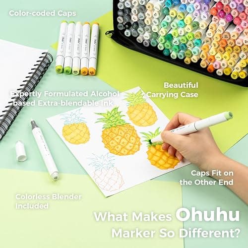 Ohuhu Alcohol Markers Brush Tip - 168-color Art Marker Set Double Tipped Alcohol-based Markers for Artist Adults Coloring Illustration- Brush & Chisel - Honolulu - Refillable Ink thumbnail 7