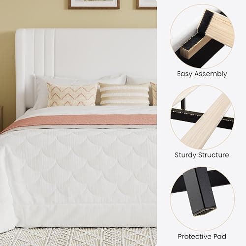 SHA CERLIN Full Size Velvet Upholstered Platform Bed Frame with Vertical Channel Tufted Wingback Headboard, Wooden Slats Support, Easy Assembly, Under Bed Storage, No Box Spring Required, White thumbnail 7