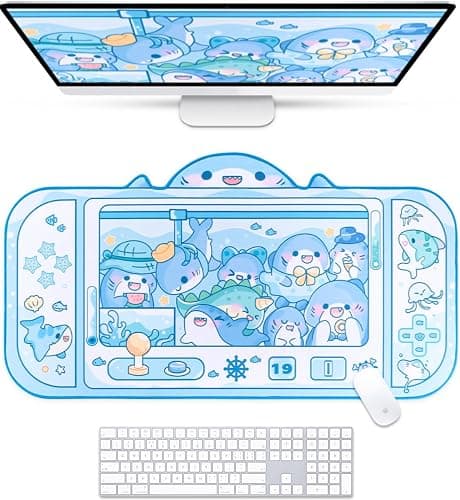 BelugaDesign Shark Desk Pad | Cute Pastel Large Mouse Pad | Cutecore Ocean Switch Anime Keyboard Gaming Mousepad | Machine Washable Nonslip Desk Blotter Protector for Kids Teens and Women (Blue White) - Image 1