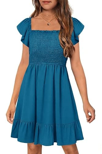 HOSIKA Girls Summer Cute Short Sleeve Smocked Boho Ruffle Tiered Dresses | 6-12Y, Casual, A-line, Square Neck, Ruffle Sleeve, Pockets, Elastic Waist - Image 1