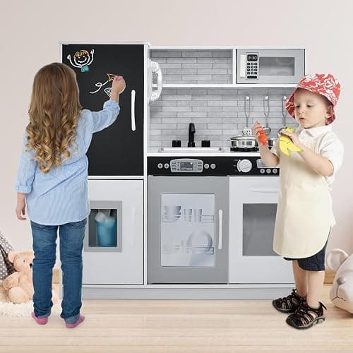 HONEY JOY Kids Kitchen Playset, Wooden Little Chef Pretend Toy Kitchen Set w/Chalkboard, Telephone, Utensils, Oven, Microwave, Sink, Storage, Play Kitchen for Toddlers, Gift for Boys Girls, White thumbnail 2