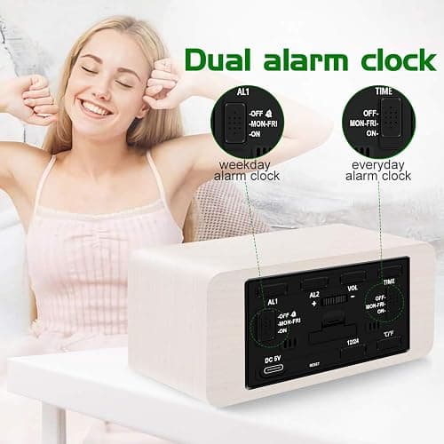 MOSITO Digital Wooden Alarm Clock with Wireless Charging, 0-100% Dimmer, Dual Alarm, Weekday/Weekend Mode, Snooze, Wood LED Clocks for Bedroom, Bedside, Desk, Kids (White) thumbnail 5