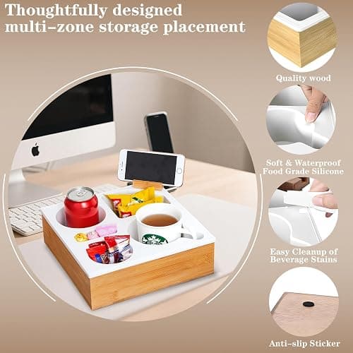 2-in-1 Bamboo Sofa Organizer - Waterproof Couch Tray with 2 Cup Holders (Fits 32oz Bottles), Snack Bowl & Remote Slot - Portable Lap Desk for Bed, RV & Outdoor Use (White) thumbnail 6