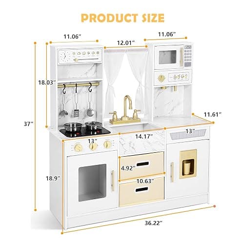 JOYLDIAS Play Kitchen, Wooden Kids Play Kitchen Playset Chef Pretend Play Set for Toddlers w/Ice Cube Dispenser, Oven, Cooking Accessories,Trendy Home Style w/Curtains, Storange Box, Gift for Ages 3+ thumbnail 3