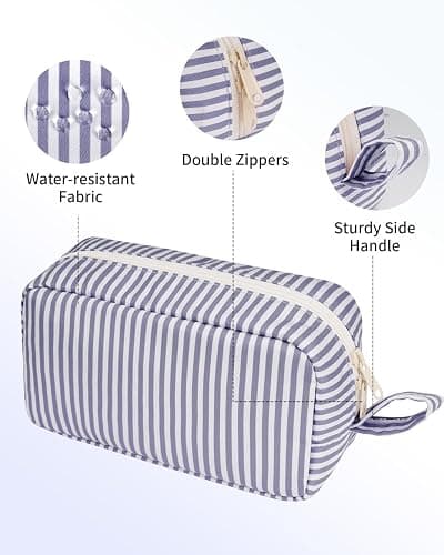 Narwey Cute Stripe Large Makeup Bag Travel Make Up Bags Women with Comparments Small Toiletry Bag Cosmetic Bag Organizer Zipper Pouch for Teen Girls (Greyish Blue Stripe, Large) thumbnail 8