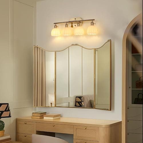 Shenmoyl Bathroom Light Fixtures, 4-Light Brass Vanity wall Light Over Mirror with White Tulip Glass Shade for Bedroom Living Room (Bulb Not Included) thumbnail 2