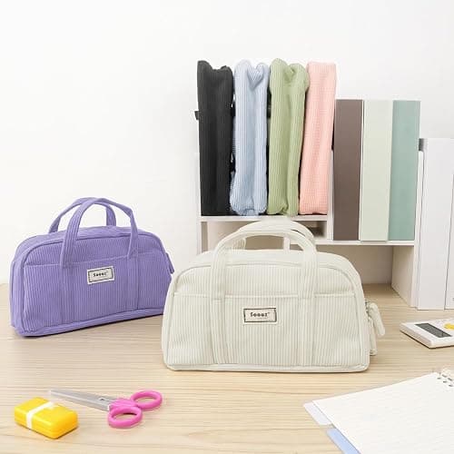Sooez Large Pencil Case Pouch, Extra Big Pencil Bag with 5 Compartments, Pen Bag Wide Opening, Soft Corduroy Pencil Pouch Organizer with Zipper, Cute Aesthetic School Supplies for Teen Girls-Beige thumbnail 2