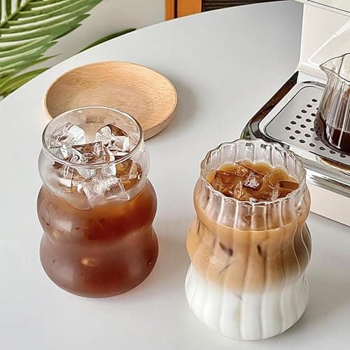 2 Pcs Ribbed Glass Cups, 18 Oz Vintage Drinking Glassware with Wave Shape Design, Bubble Cups for Iced Coffee, Juice, Beverage, Milk, Cocktails, Bubble Tea, and More - Image 1