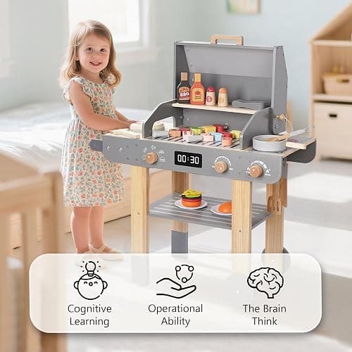 Leeshyah Wooden Kids Grill Playset – Realistic Play Barbecue Set with Grilling Tools and Foods – Pretend Grill Toy for Kids Ages 3+ thumbnail 7