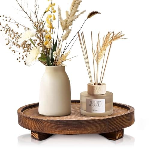 DEBETOOL Round Wooden Decorative Tray - Rustic Wood Soap Tray for Kitchen and Bathroom Counter Organizer, Farmhouse Kitchen Decor Wooden Riser for Soap Dish, Perfume, Candle, Potted - Image 1