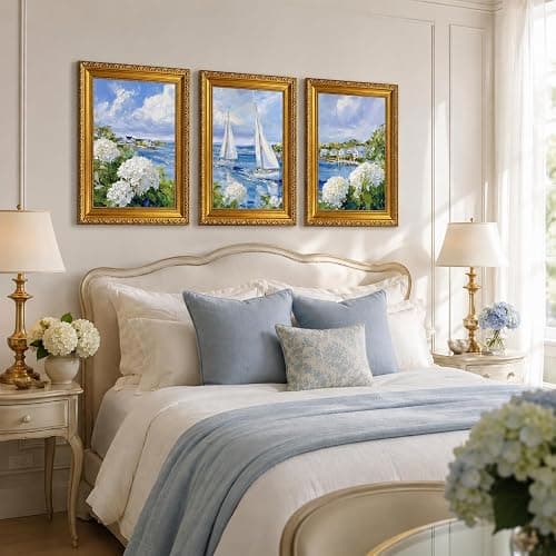 3 Piece Coastal Sailboat Wall Art, Vintage Gold Framed Decor, 12x16 inch | Coastal sailboat and hydrangea wall art set in vintage gold frames for living room, bedroom, bathroom, and office wall art thumbnail 3