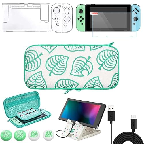 ELIATER Switch Accessories Bundle for Animal Leaf Crossing, Switch Carrying Case with Playstand & Screen Protector & 4 Thumb Grip Caps & Protective Cover & Charging Cable & Pendant - Image 1