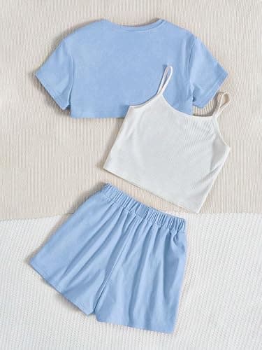 OYOANGLE Girl's 3 Pieces Summer Outfits Graphic Print Crop Tee Top and Cami Top with Shorts Set thumbnail 2