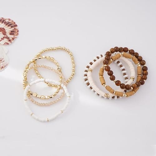 GOOJIDS Surfer Heishi Clay Bead Bracelets for Women Bohemian Stackable Gold Plated Beaded Stretch Bracelets Elastic Layering Friendship Bracelets Set Boho Jewelry thumbnail 2
